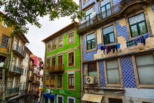 Typical historical old town houses with azulejos decoration in Porto city, Portugal