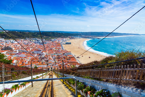 Nazare Funicular line seen from the  Sitio district with panorama of Nazare village and Atlantic Ocean, Portugal