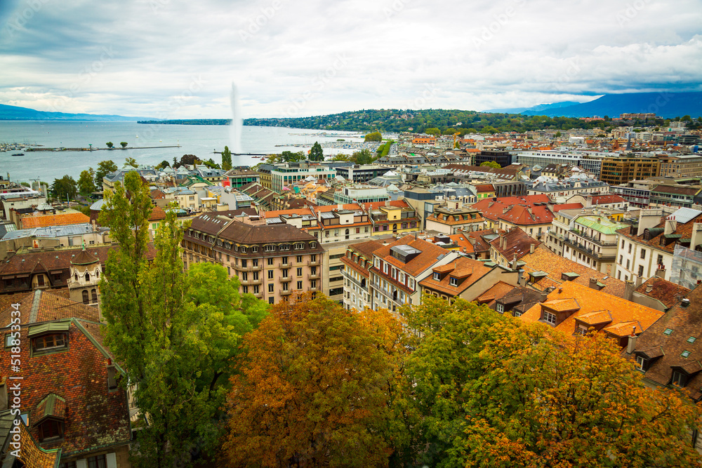 Geneva, Switzerland: city and lake view seen from St. Peter's Cathedral tower