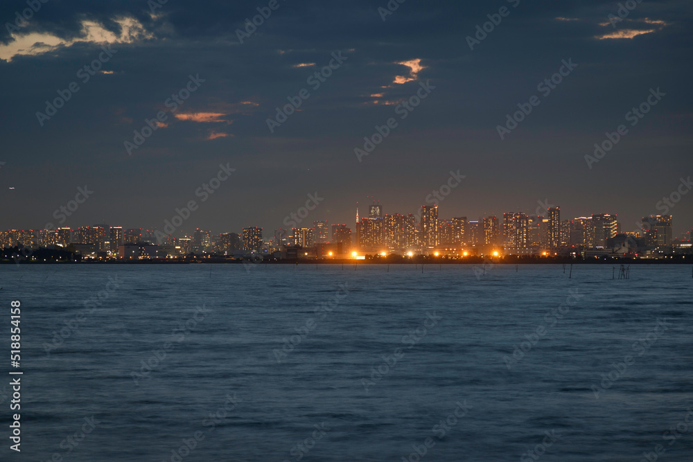 舞浜海岸から見た東京湾越しの芝浦ふ頭の夜景