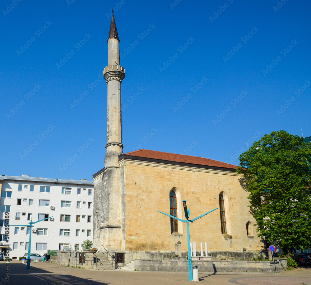 Minaret and mosque in city centre of Bihac, Bosnia and Herzegovina.  Fethija Mosque.