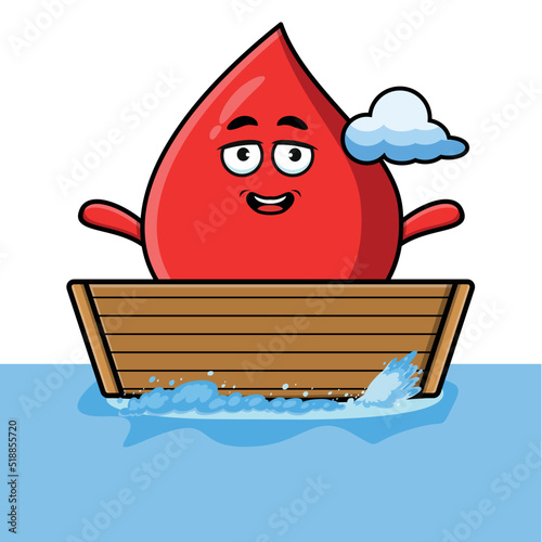 cute cartoon blood drop get on boat in vector character illustration