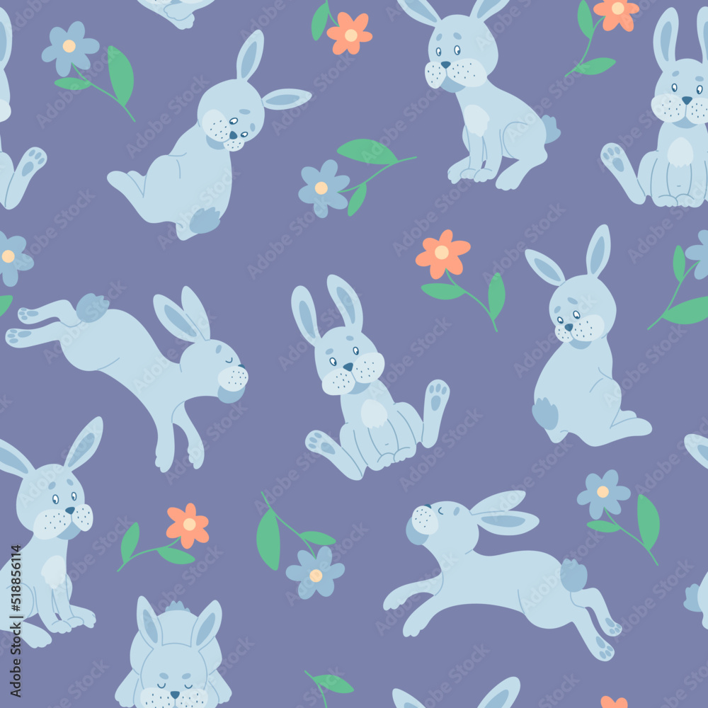 Childish seamless pattern with rabbits and daisy flowers on a blue background. Vector.