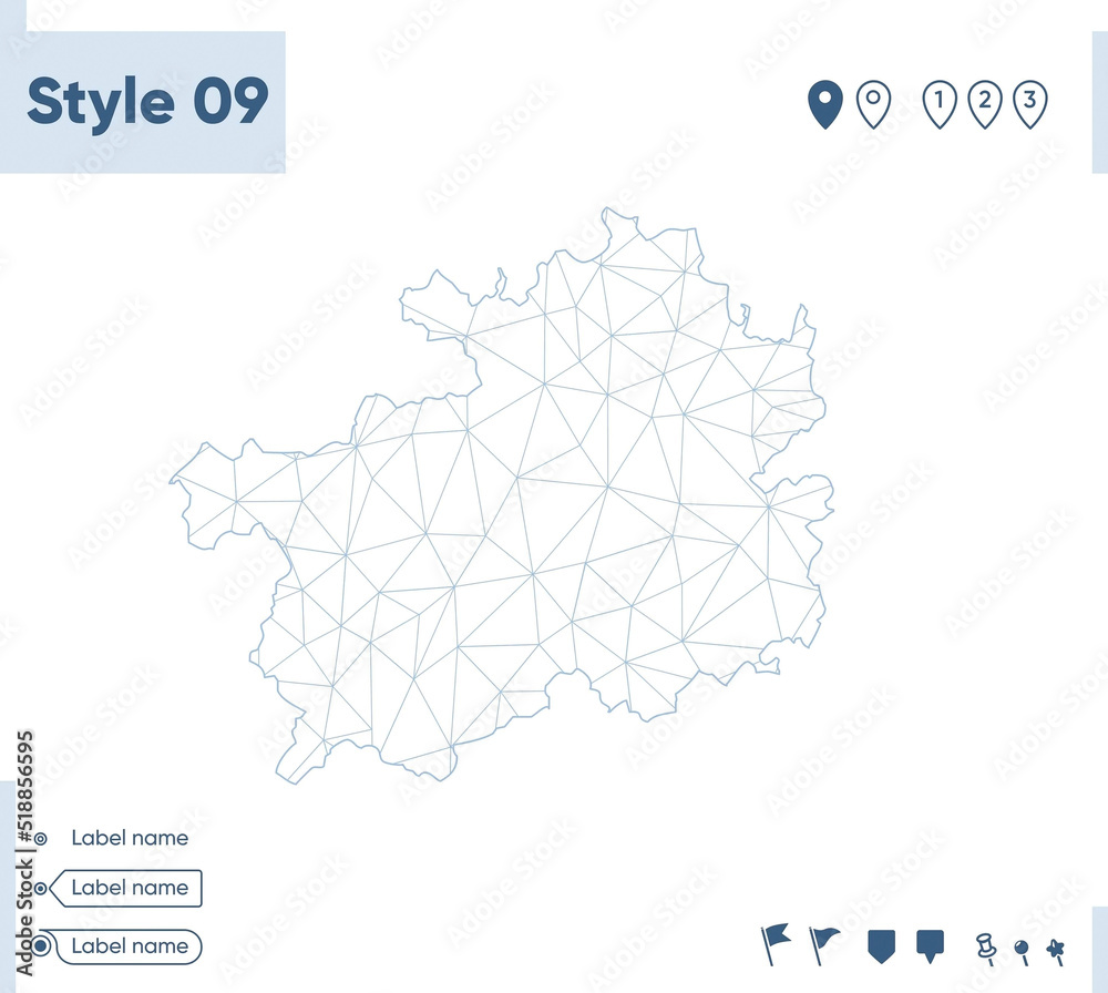 Guizhou, China - white low poly map, polygonal map. Outline map. Vector illustration. Guizhou, China - white low poly map, polygonal map. Outline map. Vector illustration.