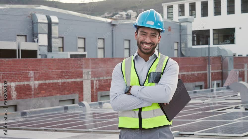 A proud contractor and inspector browsing on a digital tablet at a building site. Confident maintenance manager and engineer smiling while planning and analyzing ideas for construction property