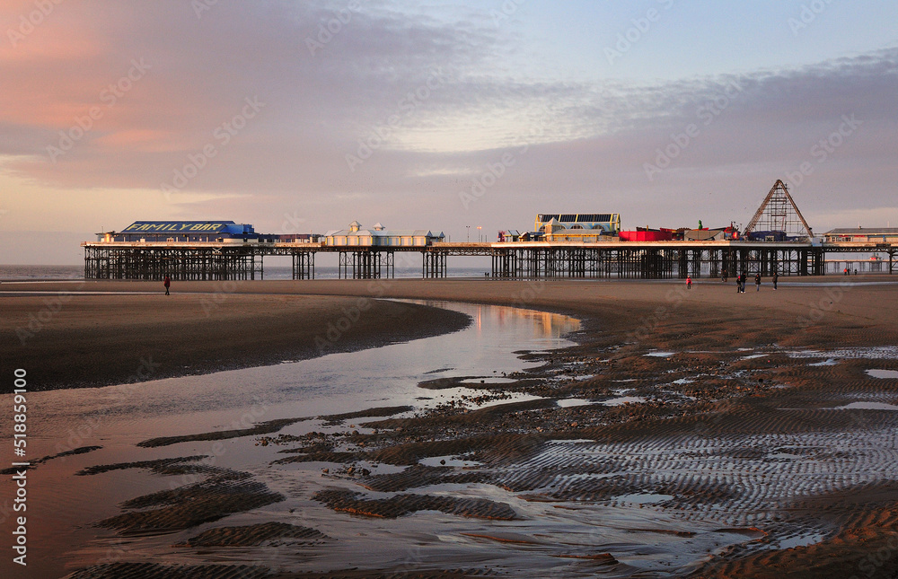 A wintertime sunset scene on the beach of England's popular seaside resort of Blackpool