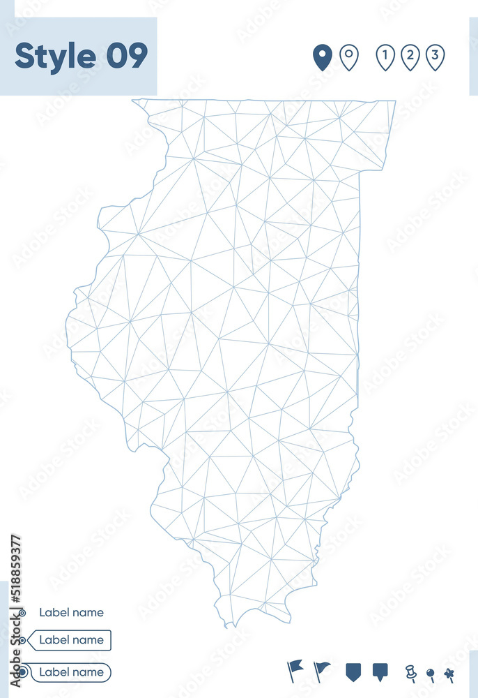 Illinois, USA - white low poly map, polygonal map. Outline map. Vector illustration. Illinois, USA - white low poly map, polygonal map. Outline map. Vector illustration.