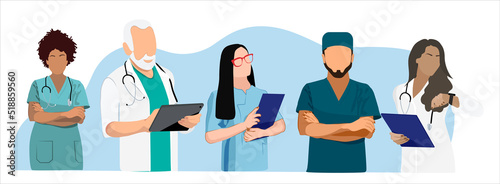 Medical personnel team, character of doctors and nurses wearing a surgical face mask and standing together to fight ills, male and female medical characters set cartoon flat vector illustration.