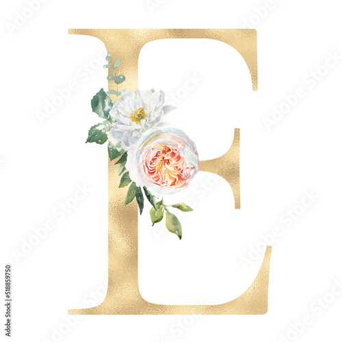 Watercolor GOLD botanical alphabet illustration. Floral letter E, white peony,peach rose greenery boho bouquet.Luxury vintage floral wedding stationery, monogram initial invite card,baby shower chic