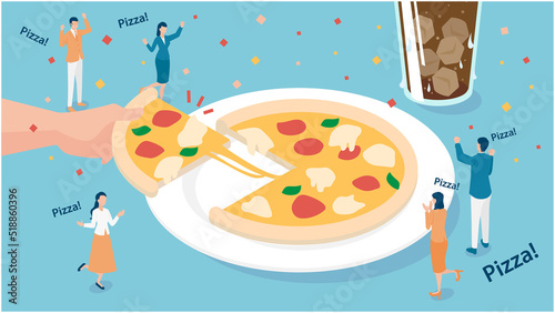 みんなが好きなピザパーティーのアイソメイラスト