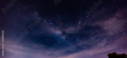 Panorama blue night sky milky way and star on dark background.Universe filled with stars, nebula and galaxy with noise and grain.Photo by long exposure and select white balance.Dark night sky.