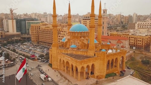 The Muhammad al-Amin Mosque, also called the Blue Mosque, is a Sunni Muslim mosque located in the city center of Beirut, Lebanon. (aerial photography) photo