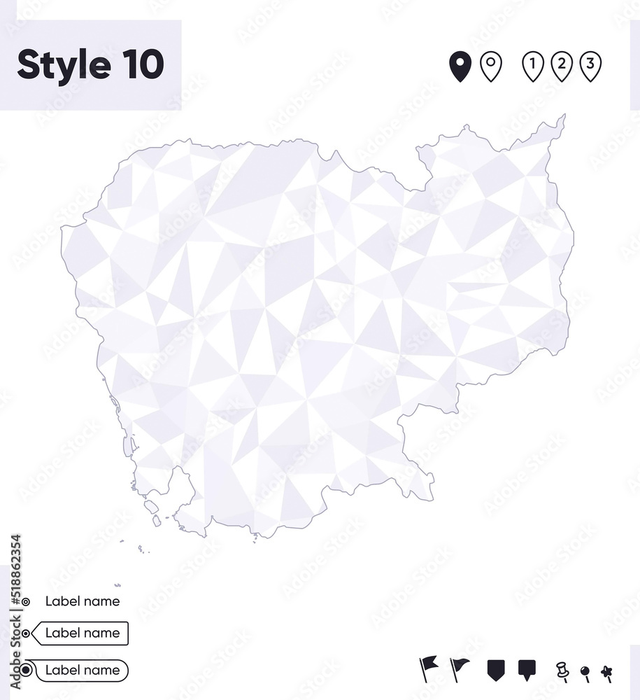Cambodia - white and gray low poly map, polygonal map. Outline map. Vector illustration. Cambodia - white and gray low poly map, polygonal map. Outline map. Vector illustration.