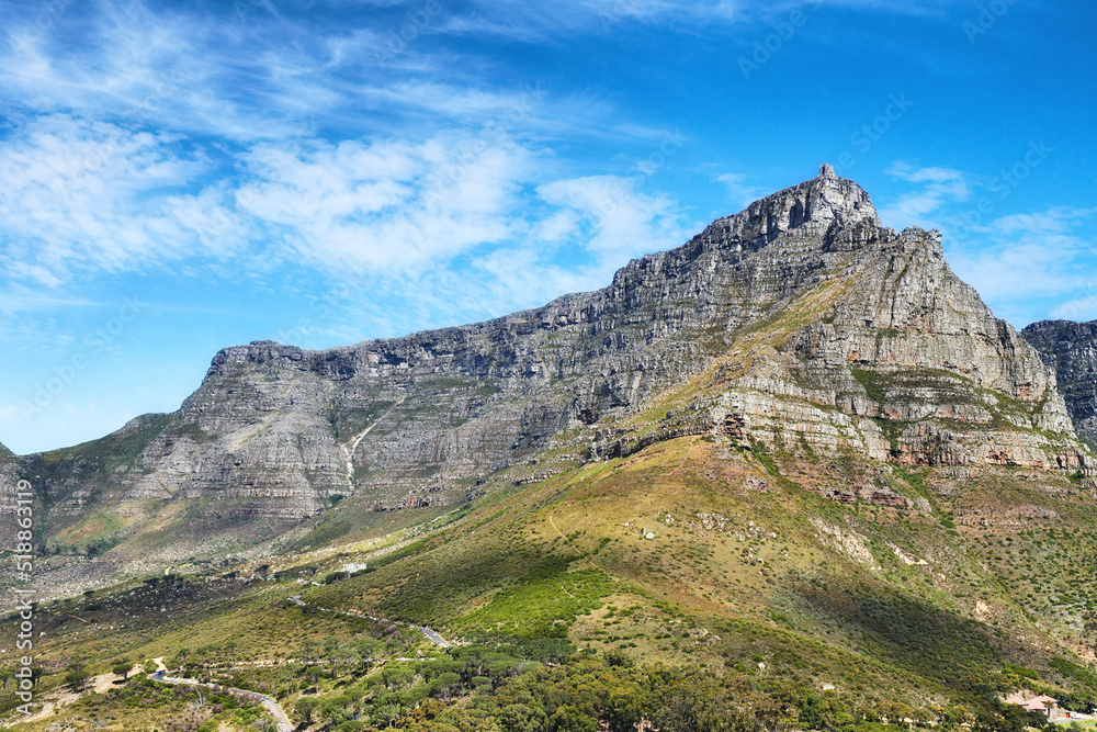 Landscape view of mountains background and blue sky with copy space from green botanical garden and national park. Hiking around Table Mountain in Cape Town, South Africa to discover peace in nature