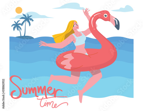 Let the summer begin. Young woman ride on inflatable flamingo in the sea, Having fun and refreshing on a hot summer day. Vector design illustration.