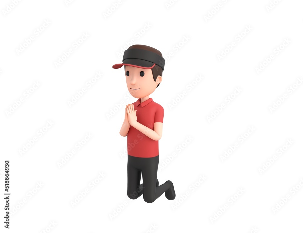 Fast Food Restaurant Worker character kneeling and pray in 3d rendering.