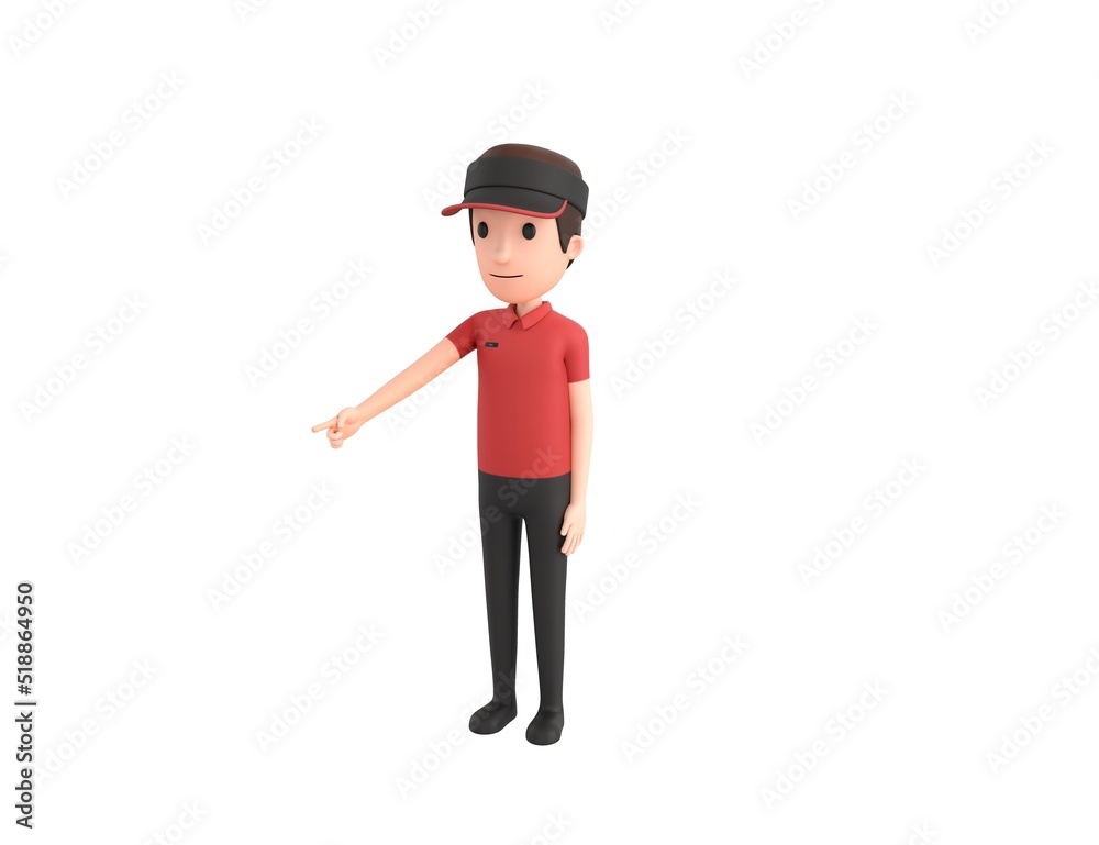 Fast Food Restaurant Worker character pointing to the ground in 3d rendering.