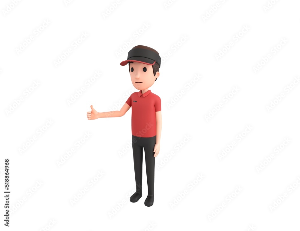 Fast Food Restaurant Worker character showing thumb up in 3d rendering.