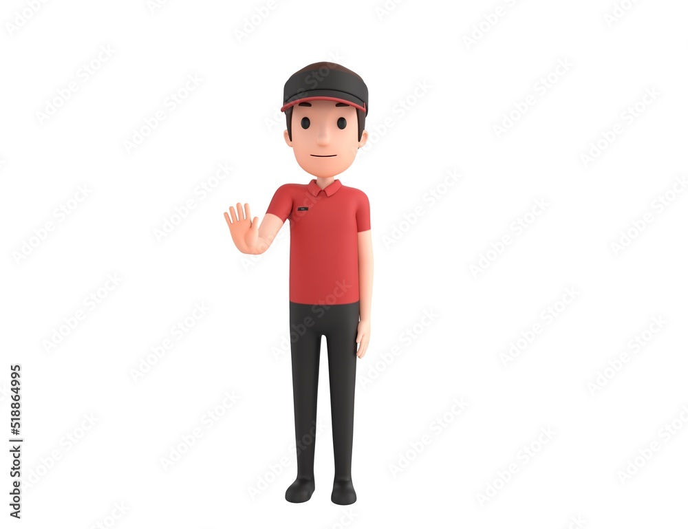 Fast Food Restaurant Worker character puts out his hand and orders to stop in 3d rendering.