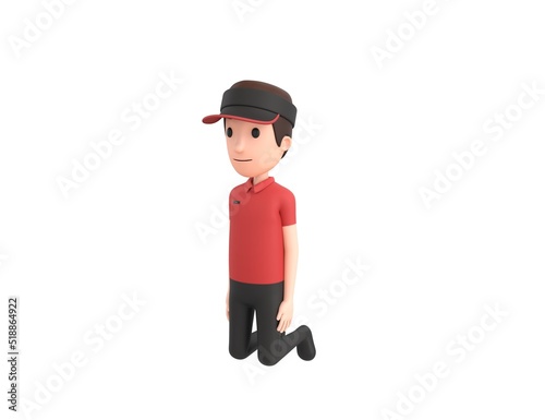 Fast Food Restaurant Worker character kneeling in 3d rendering.