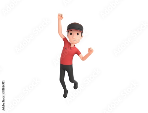 Fast Food Restaurant Worker character Jumping with smile on face doing winner gesture with fists up in 3d rendering. © Baria