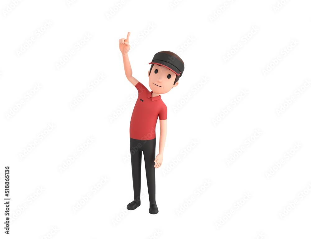 Fast Food Restaurant Worker character pointing up with his finger in 3d rendering. Fast Food Restaurant Worker character pointing up with his finger in 3d rendering.