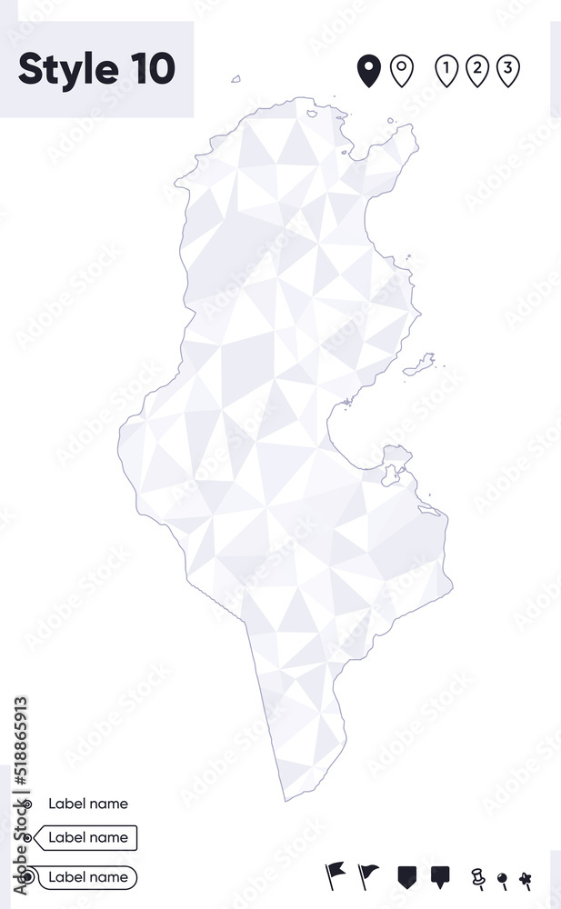 Tunisia - white and gray low poly map, polygonal map. Outline map. Vector illustration.