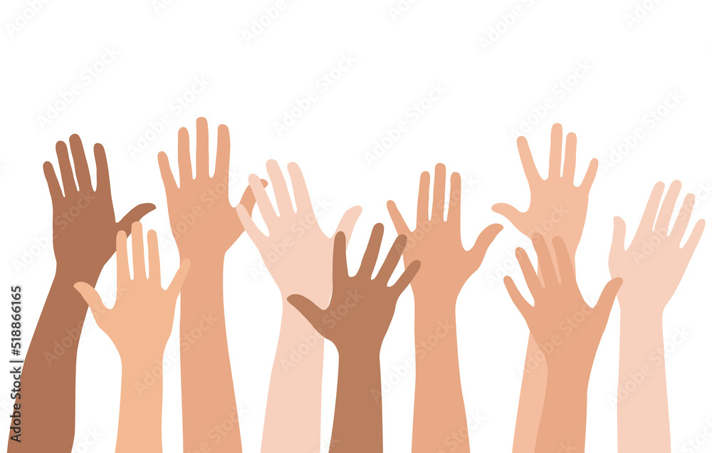 Diverse Hands Raised Up Isolated on White Background. Multi ethnic team, cultural diversity concept Vector Illustration