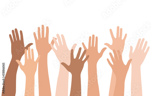 Diverse Hands Raised Up Isolated on White Background. Multi ethnic team, cultural diversity concept Vector Illustration