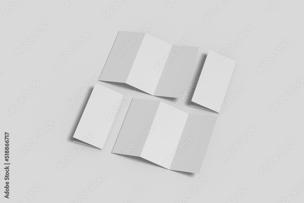 Realistic blank trifold brochure illustration for mockup. 3D Render. Realistic blank trifold brochure illustration for mockup. 3D Render.
