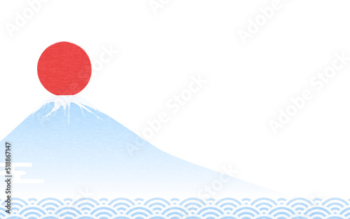 和風背景、富士山と初日の出と海