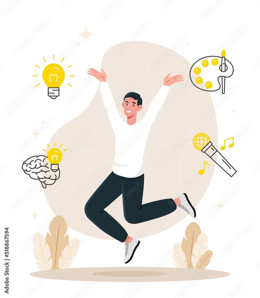 Creative person concept. Happy man jumping and smiling, character found solution to problem, had successful brainstorming. Metaphor of Illumination and insight. Cartoon flat vector illustration Creative person concept. Happy man jumping and smiling, character found solution to problem, had successful brainstorming. Metaphor of Illumination and insight. Cartoon flat vector illustration