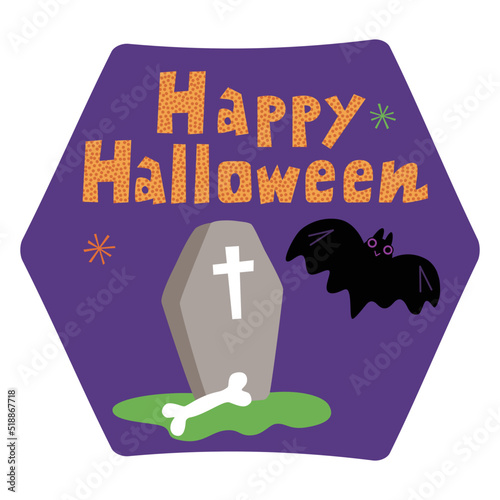 Label for Halloween. Colorful handwritten vector illustration. Tomb,Grave and bat.