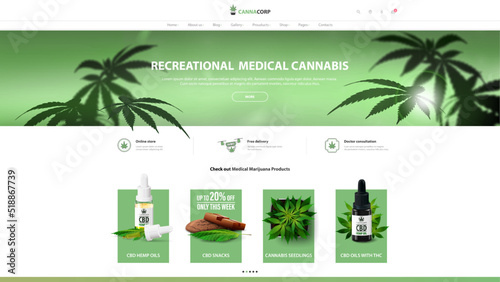 White and green website design template and interface elements, cannabis store