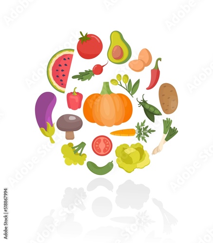 Set of vegetables. Collection of fresh and natural products. Proper nutrition  diet with vitamins  vegetarianism. Salad ingredients. Cartoon flat vector illustrations isolated on white background