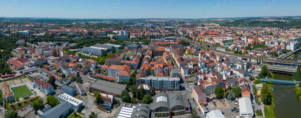 Aerial around the city Pilzen in the czech Republic on a sunny day in summer.
