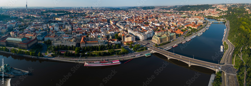Aerial around the city capitol Prague in the czech Republic on a sunny day in summer.