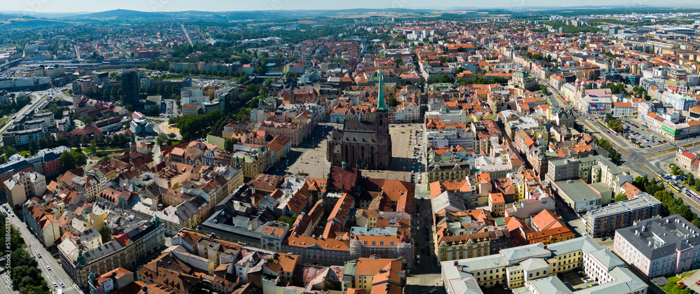 Aerial around the city Pilzen in the czech Republic on a sunny day in summer.