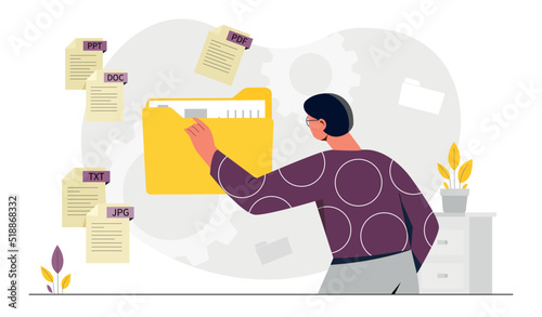 Man with text files. Employee at work collects information in electronic archive, cloud service on Internet. Analytical department and online work with statistics. Cartoon flat vector illustration