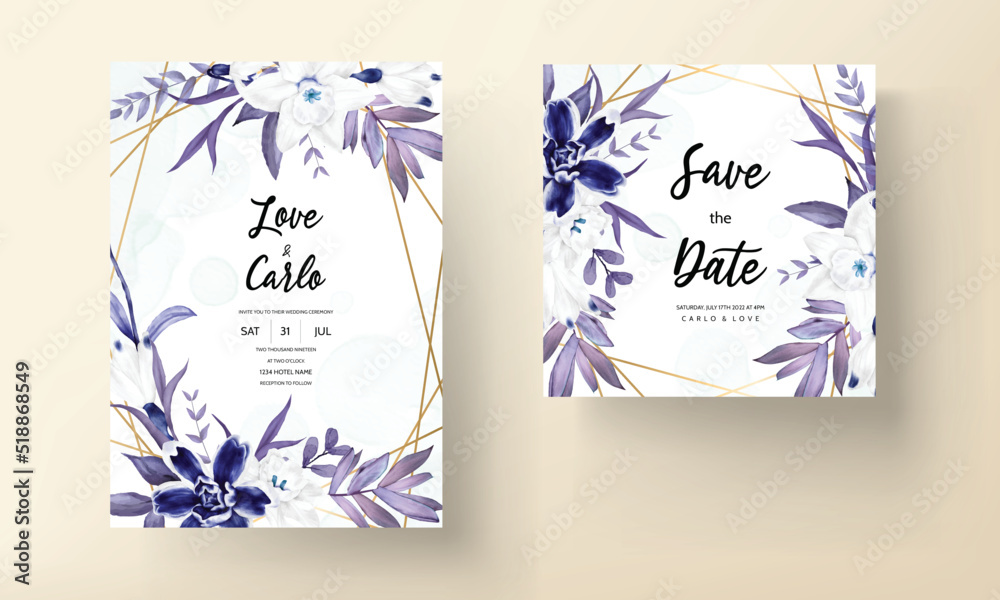 wedding invitation card with beautiful navy floral
