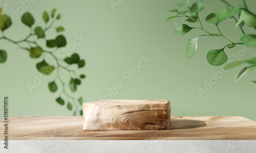 Photographie Wooden product display podium with blurred nature leaves on green background