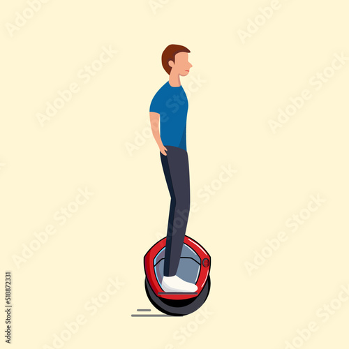 A man riding an electric unicycle or (mono wheel). The concept Activity modern technology. Vector flat illustration 