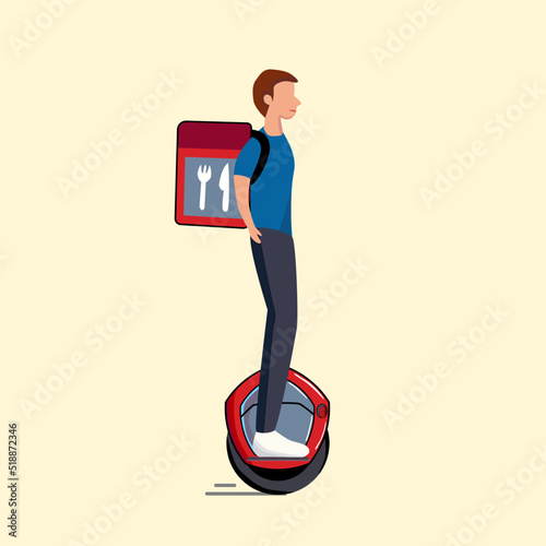 Delivery boy riding an electric unicycle or (mono wheel) with backpack   delivers food. delivery service concept. Cartoon flat vector illustration