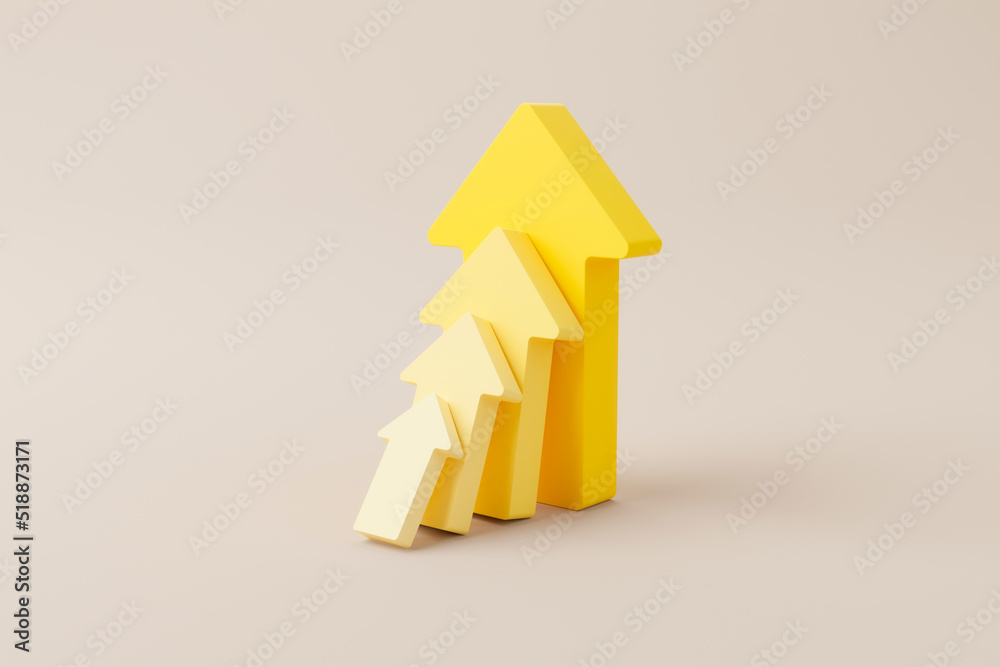 Growing yellow graph bar with arrow sign on background. Business development to success and growing growth concept. 3d rendering illustration - obrazy, fototapety, plakaty 