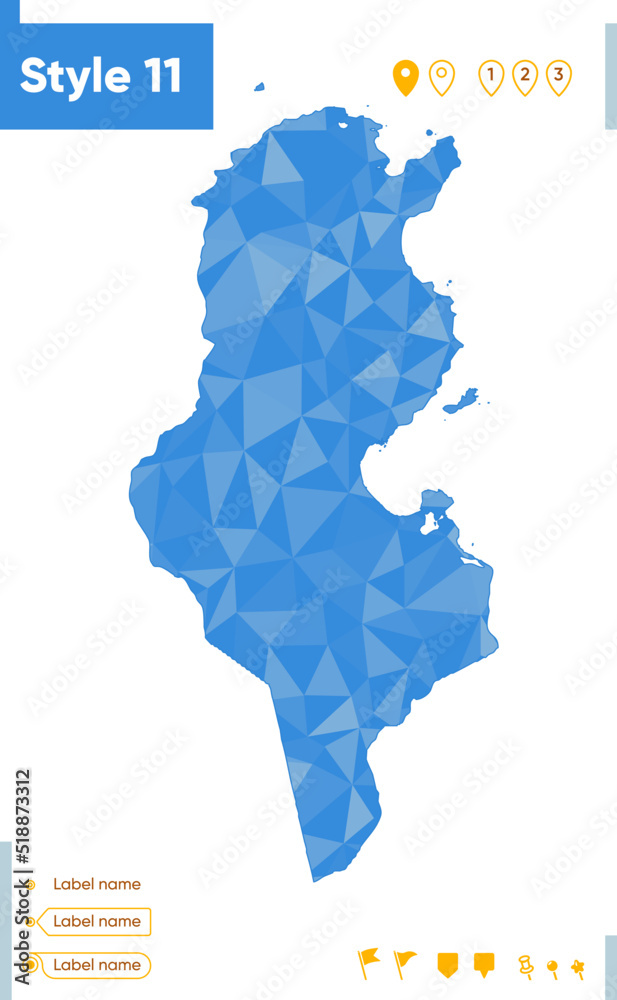 Obraz premium Tunisia - blue low poly map, polygonal map. Outline map. Vector illustration.