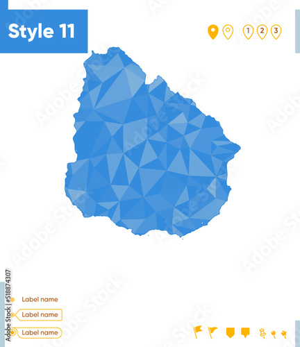 Uruguay - blue low poly map, polygonal map. Outline map. Vector illustration.