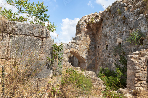 The ruins of the Monfort fortress are located on a high hill overgrown with forest, not far from Shlomi city, in the Galilee, in northern Israel