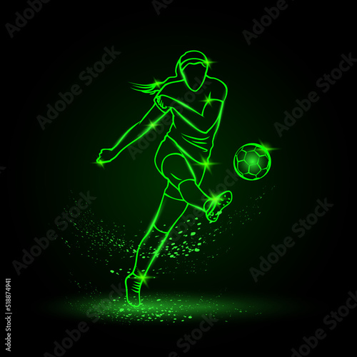 Women Soccer striker, front view. Football player hits the ball in the dark. Vector Soccer sport green neon illustration.