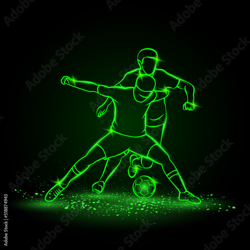 Two soccer players fighting for a ball. Green neon silhouette of a striker and football defender who blocks the ball.