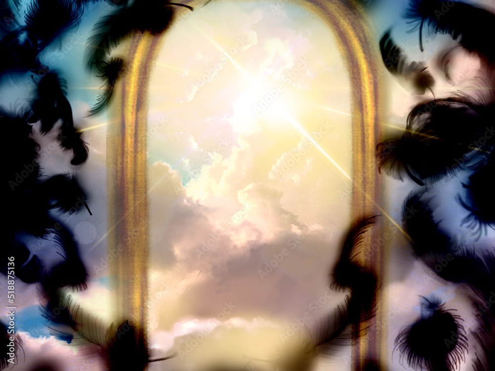 This illustration depicts the golden gates of heaven seen beyond the